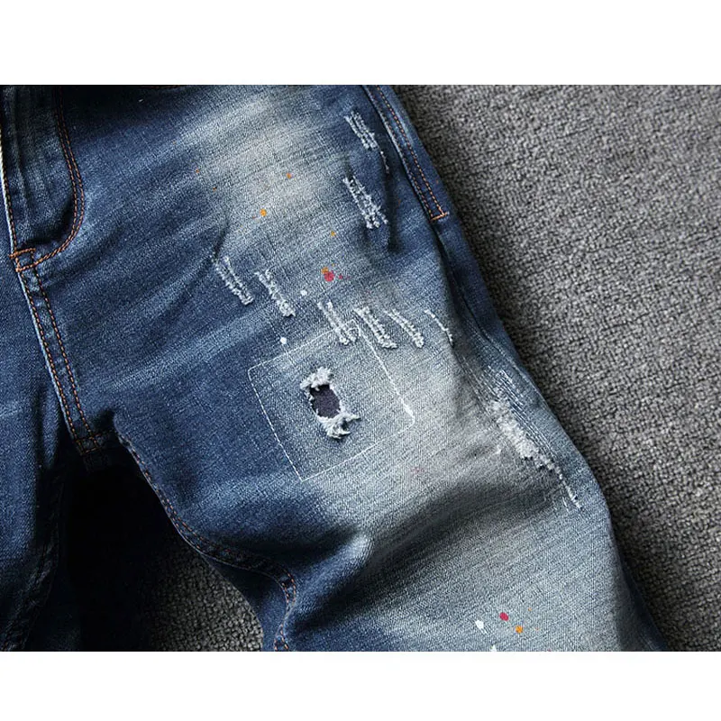 Fashion Designer Men Jeans High Quality Retro Blue Stretch Slim Fit Printed Ripped Jeans Men Painted Vintage Denim Pants Hombre