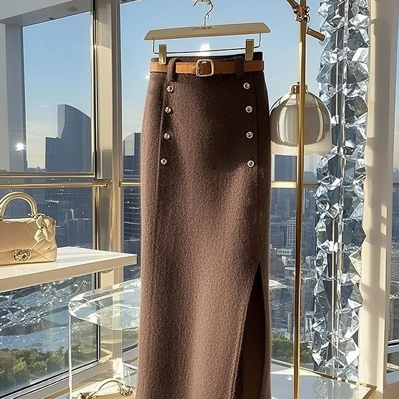 New Autumn Winter Woolen Skirt Women Fashion Irregular Double Breasted Split Wrapped Hip High Waist Elegant Skirts Midi Jupe