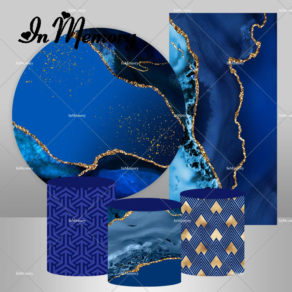 Gold Royal Blue Marble Style Round Arch Backdrop Cover for Adult Birthday Party Plinth Covers Wedding Rectangle Backgrounds