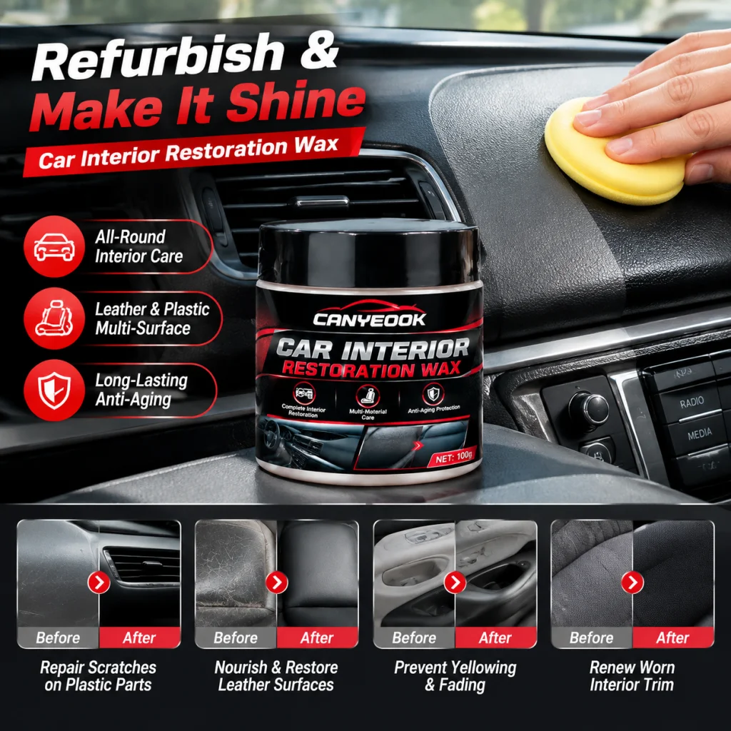 CANYEOOK Car Interior Repair Wax 100g, Restore Leather & Plastic Trim, Fix Scratches on Dashboard Seats, Anti-Aging