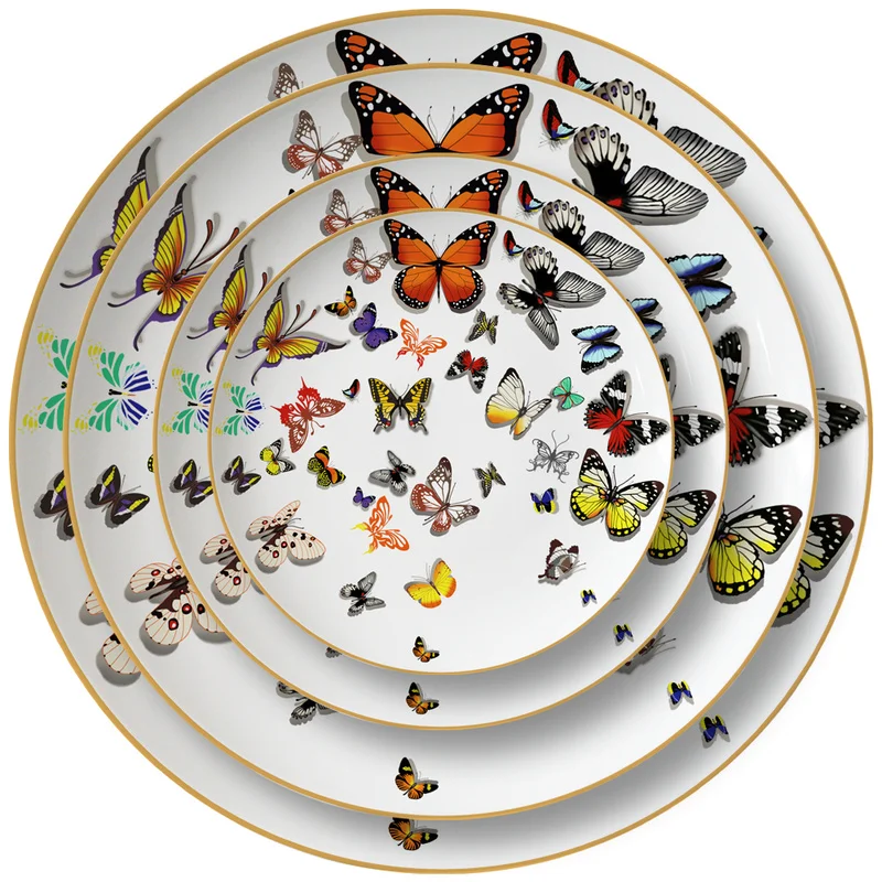 

New Tableware Ceramic Tray Gold Rim Plate Flat Dish Cake Plate Dinner Tray Tableware Butterfly Creative White Bone China Plate
