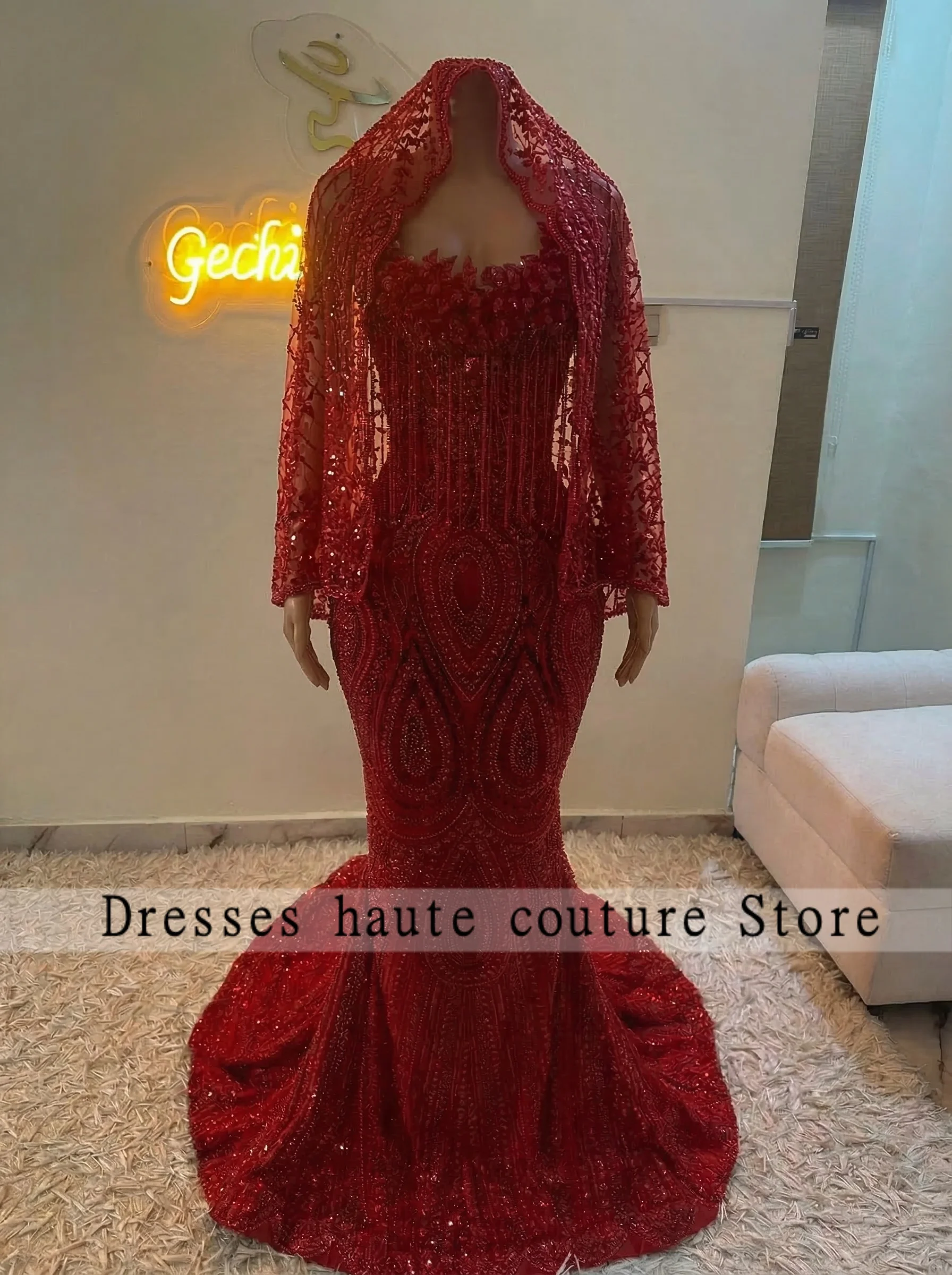 Red Beading Sequin Crystal Diamond Prom Dress 2026 For Black Girl Birthday Party Dress Tassel Mermiad Formal Dress Customized