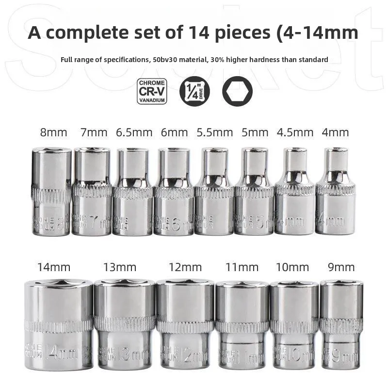 14PCS 1/4 Drive Inch 4 4.5 5 5.5 6 6.5 7 8 9 10 11 12 13 14mm Ratchet Wrench Socket Head Sleeve Double End Hand Tools