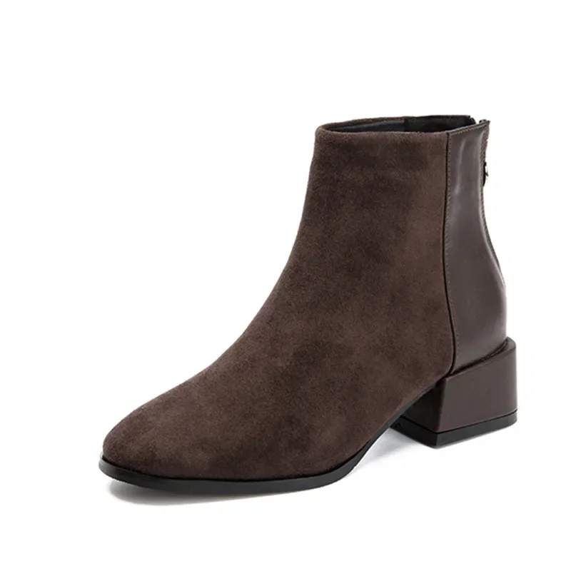 Cow Suede Ankle Modern Boots Spring/Autumn Square Toe Women's Shoes on Sale 2024 New Mid Heel Solid Concise Women's Boots