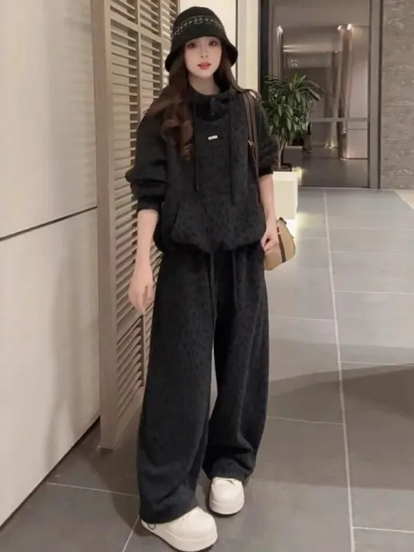 

Korean High-End Fce-lined Hoodie And Wide-leg Pants Set Slimming Casual Two-piece Autumn Winter Faion Ensemble for Women