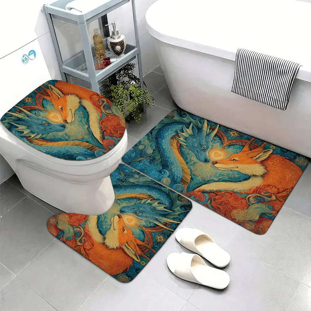 

3pcs Super Soft Bathroom Floor Mats Set, Non-slip Backing, A Blue Dragon And An Orange Fox Face to Face Forming The Shape O Prin