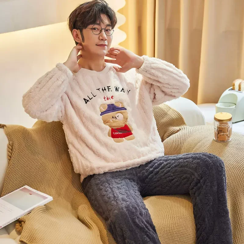 

Winter Mens Pajama Set Good Quality Sleepwear Coral Fleece Thickened Lounge Set Plus Size Casual Home Clothes Cute Animal Pijama