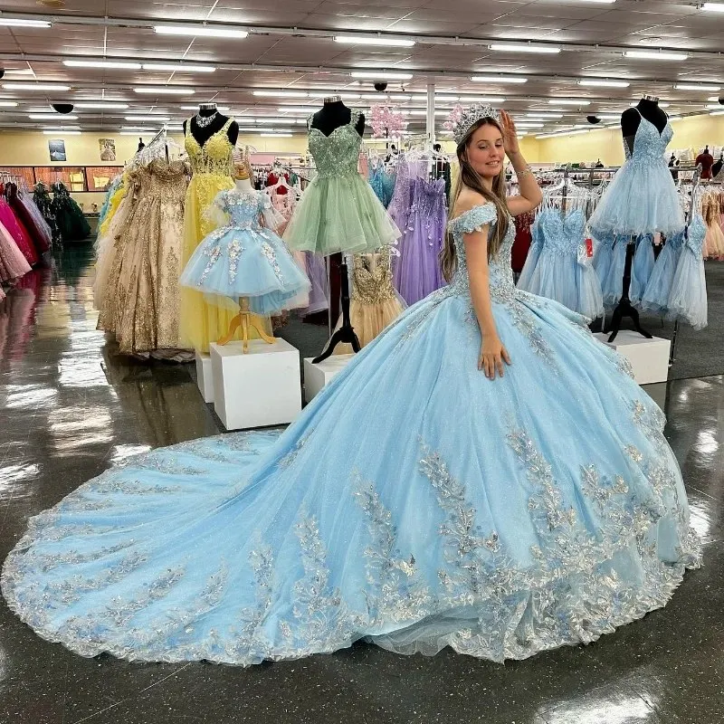 

Sky Blue Shiny Quinceanera Dress Ball Gown Tulle Applique Lace 3DFlower Beads Off the Shoulder Sweet 16 Dress Vestidos De Fiesta