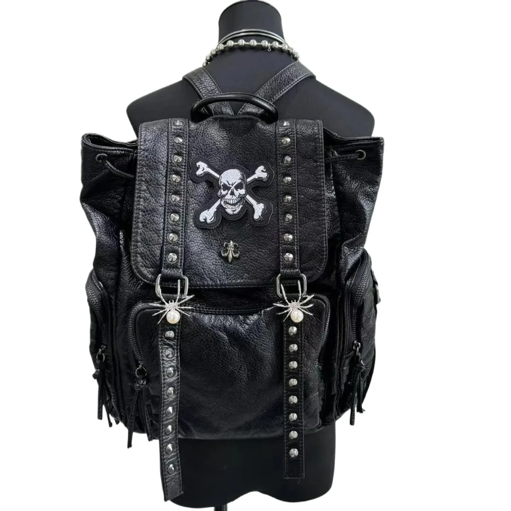 Black Gothic Skull Rivet Backpack Y2K Punk Spider Pearl Skull Crossbones Backpack Faux Leather Drawstring Rucksack for Women