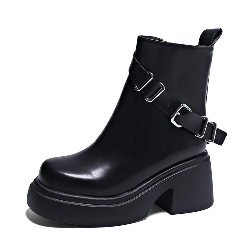 New 2024 Autumn Winter Round Toe Ladies Ankle Boots Women Fashion Chunky Heels Platform Boots  White Buckle Short Boots