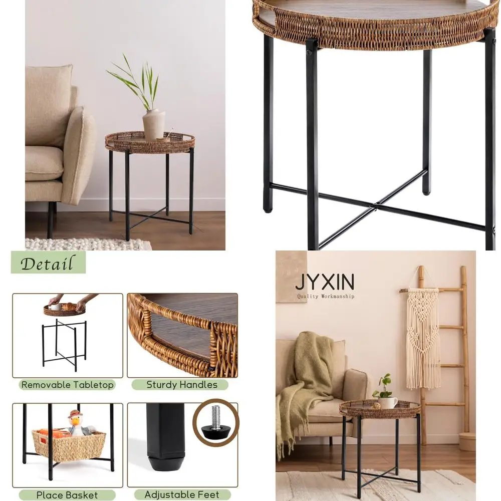 

Brown Rattan Side Table with Wooden Tray for Indoor Spaces: Perfect for Living Room, Bedroom, Office, and Balcony