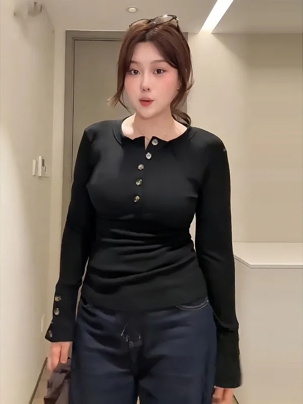 

plus Size Button up Long Sleeve Henry Collar Base Shirt Women's Fashionable Versatile Design Autumn Winter Casual Style T-Shi...