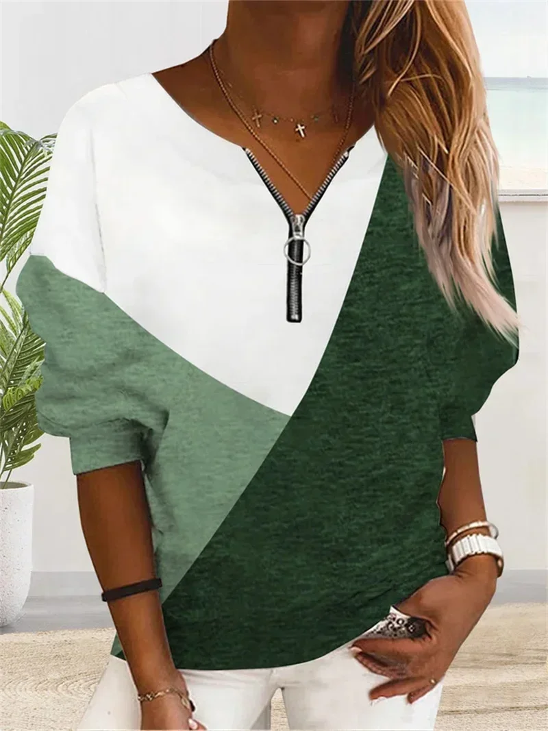 Women New Geometry Colour Blocking Sweatshirt Zipper Splicing Loose O Neck Hoodie Female Comfortable Autumn Casual Commuter Tops