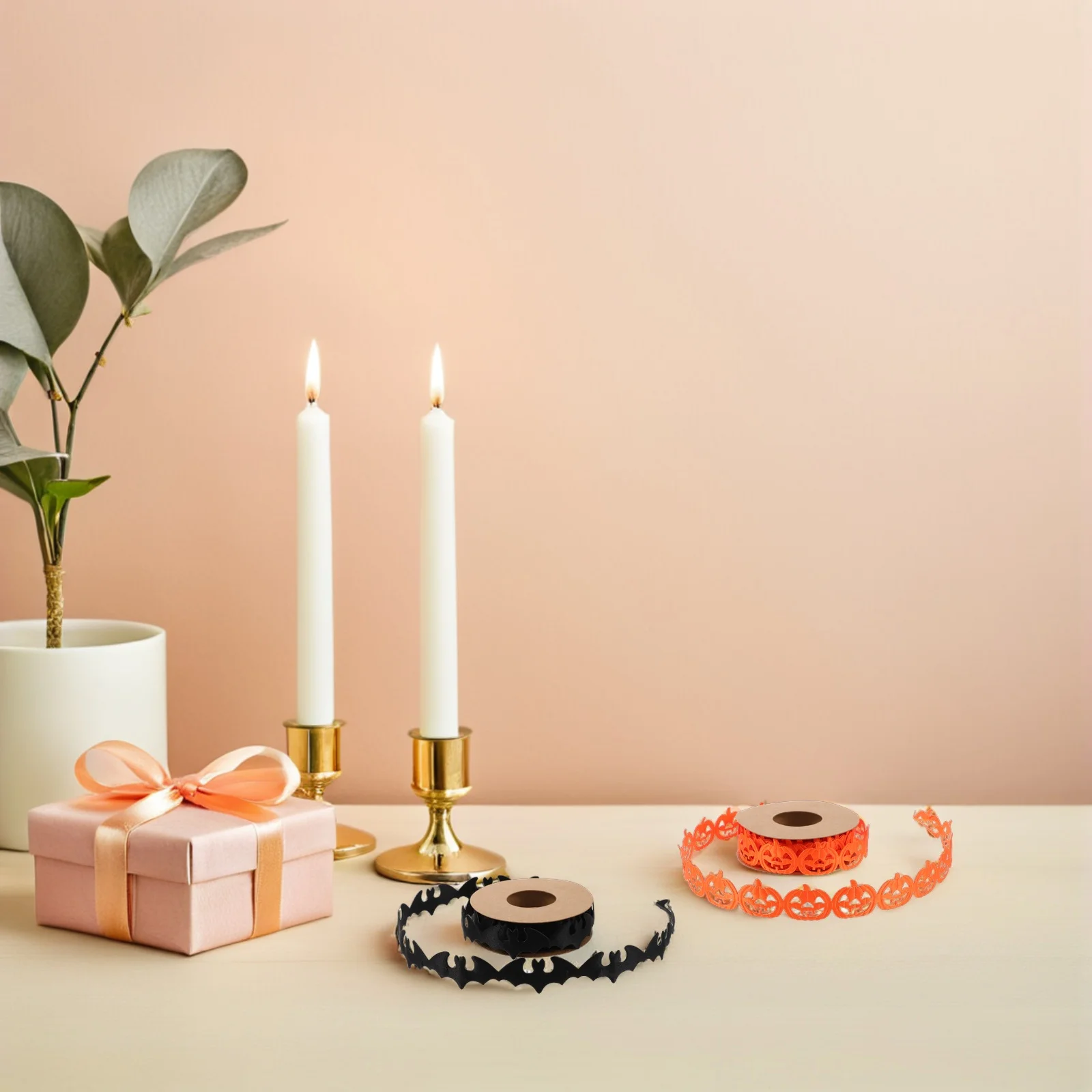 

4Pcs Halloween Craft Ribbon Set Spooky Ghost Pumpkin Bat Shapes Thin Decorative Trim for DIY Bow Garland Wreath Supplies