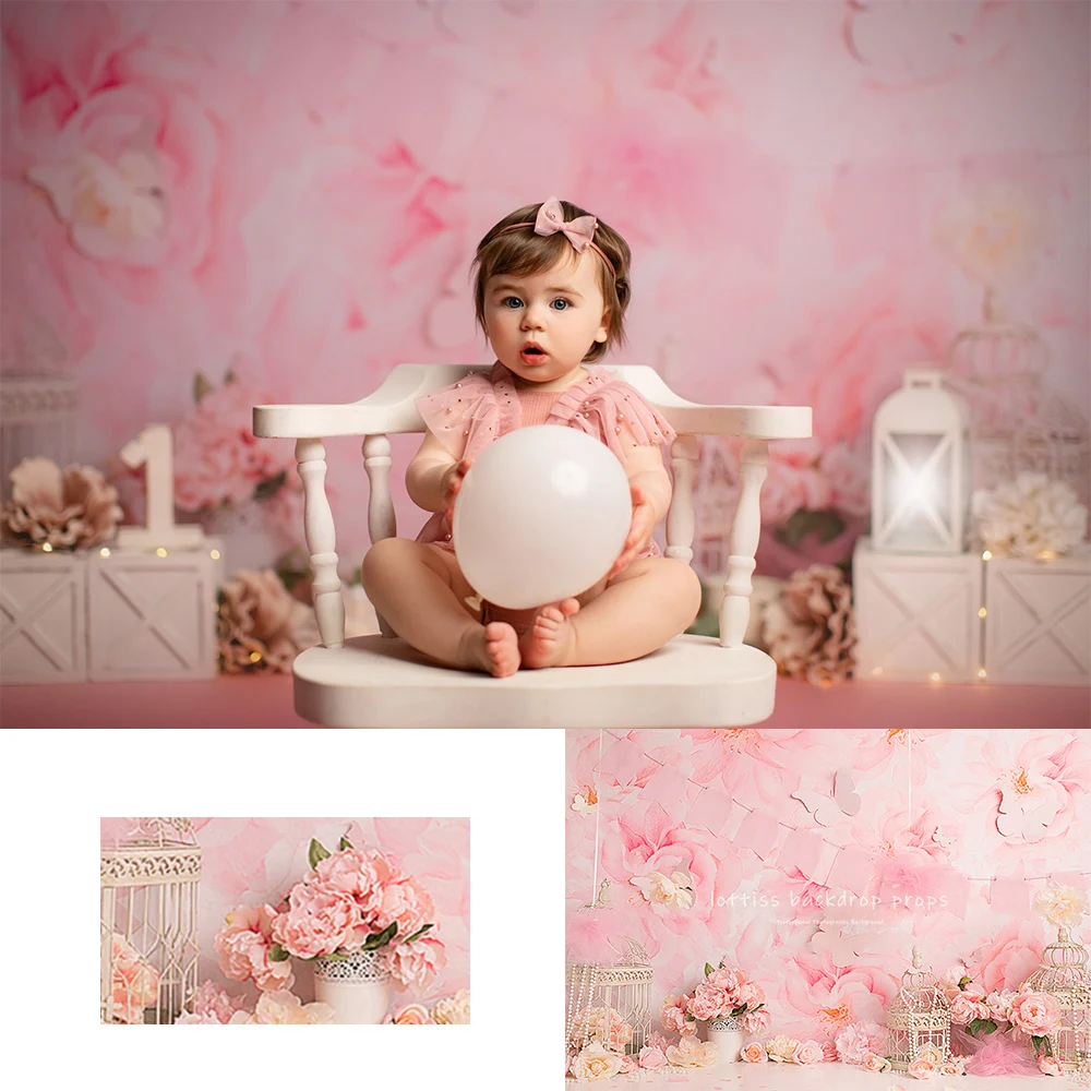 

Beautiful Pink Foral Wall Backdrops Kids Baby Birthday Cake Smash Photocall Decors Child Adult Photo Garden Birdcage Backgrounds