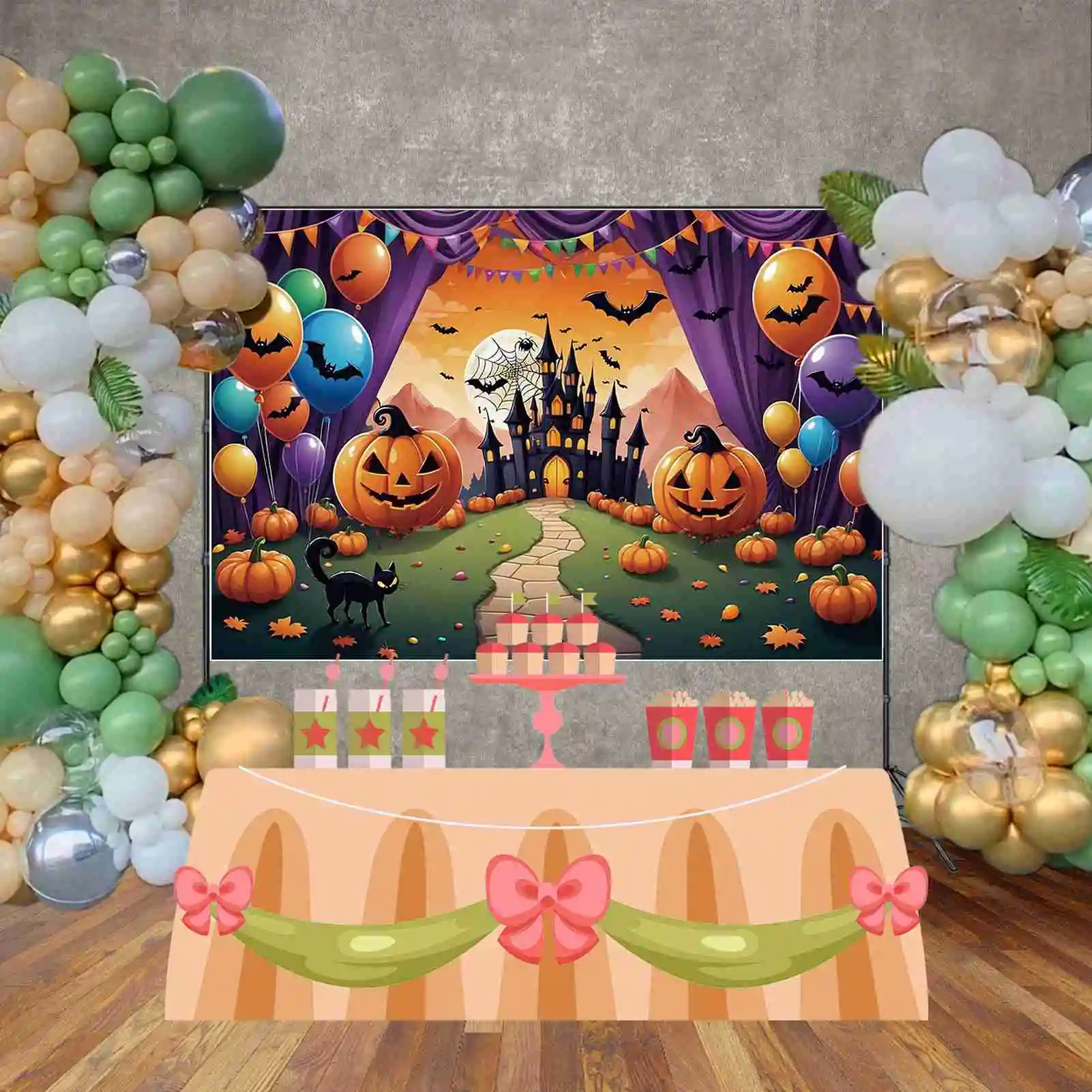 MOON.QG Halloween Backdrop Baby Party Photography Studio Background Children Balloon Curtain Jack-O\'-Lantern Photo Back Drop