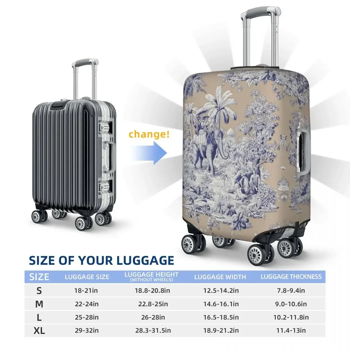 Fashion Navy Blue Toile De Jouy French Motif Pattern Luggage Cover Protector Elastic Travel Suitcase Covers