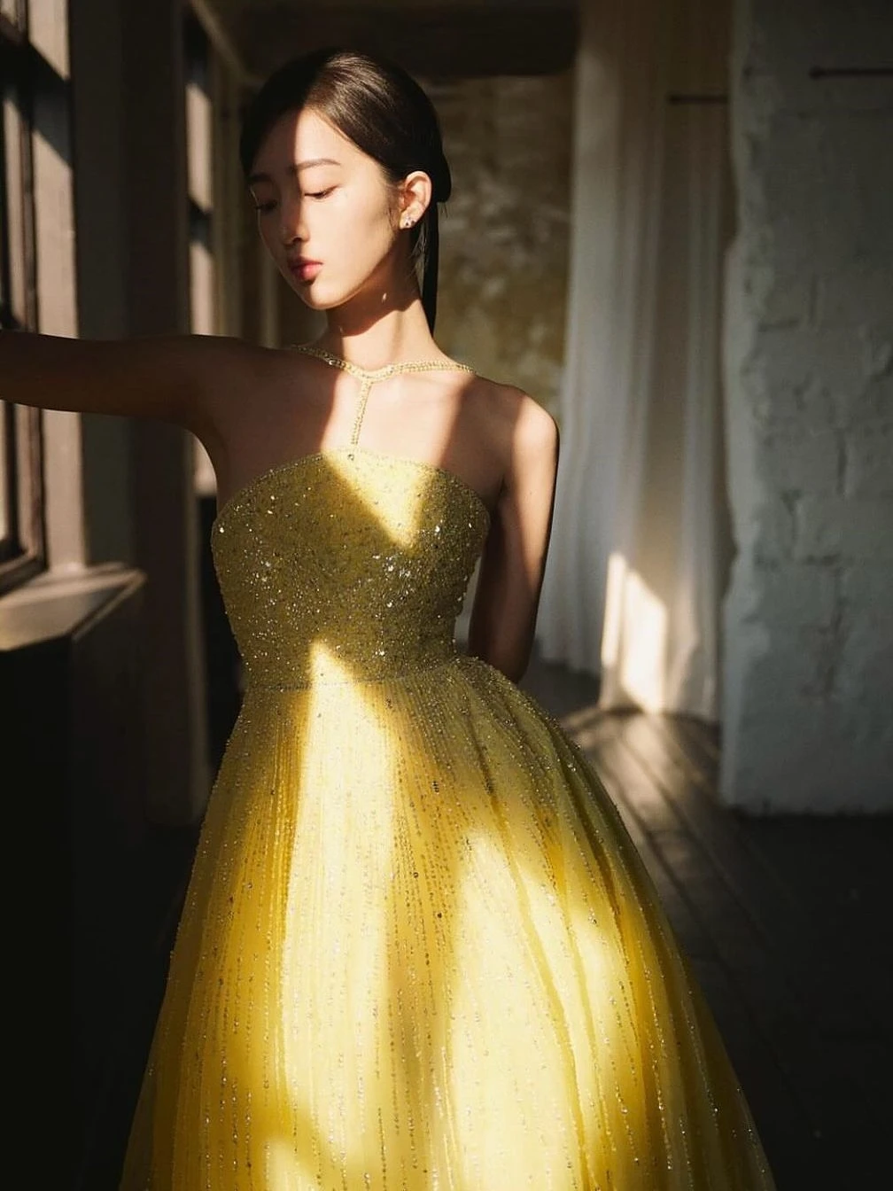 

Oisslec Prom Dress Elegant Vintage Sweet Yellow Shiny Beads Princess A-Line Formal Occasion Prom Dress Evening Party Gowns