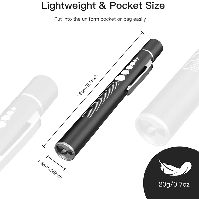 AB34-3 ไฟฉายแบบชาร์จไฟได้พร้อมมาตรวัดและไม้บรรทัดนักเรียน, ไฟ LED ปากกาสําหรับแพทย์พยาบาล, แสงวอร์ม/ขาว, สีดําทนทาน