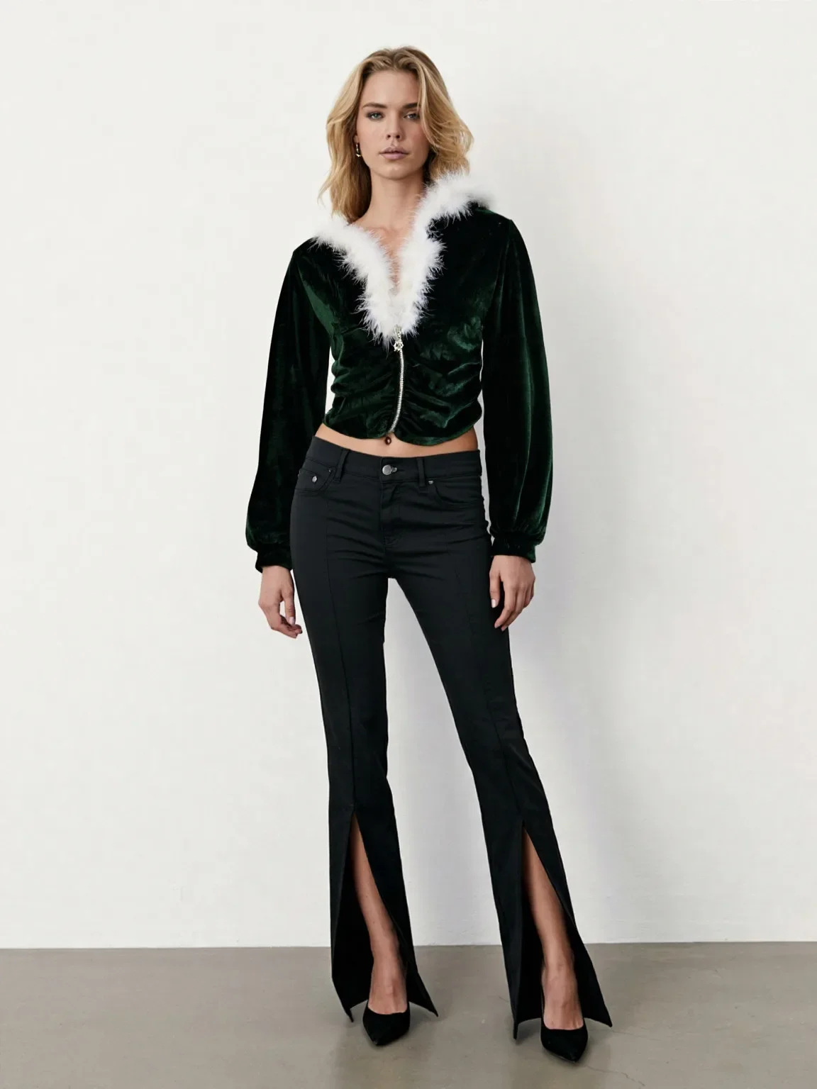 Mrs Claus Sexy Kostüm Weihnachtsmann Kapuze Tops Grüne Farbe Reißverschluss Damen Top