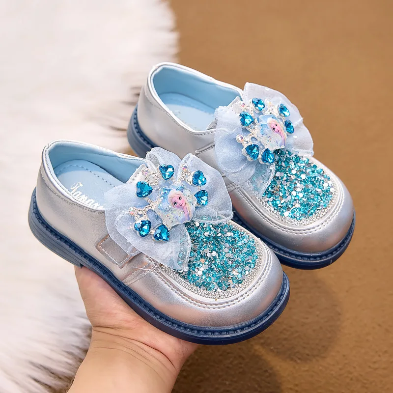 

Kids'Casual Shoes Sneakers Sequin Bow PU Leather Elsa Princess Spring Shoes For Girls Velcro Blue Pink Shoes Size 23-35