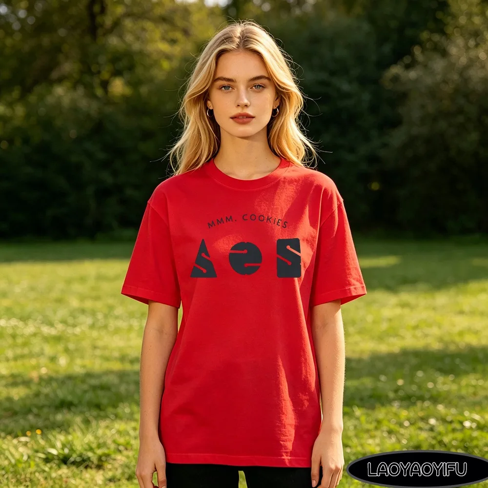 MMM COOKIES Funny Slogan Abstract AOS Geometric Letter Graphic T Shirt Soft Cotton Round Neck Short Sleeve Loose Tee
