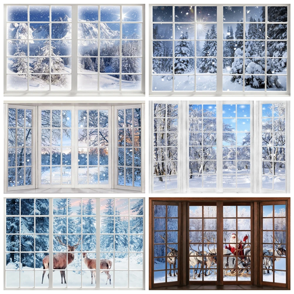 

Winter Window Forest Landscape Backdrop for Photography Christmas Snow Scene Wonderland Pine Trees Xmas Background Photo Studio