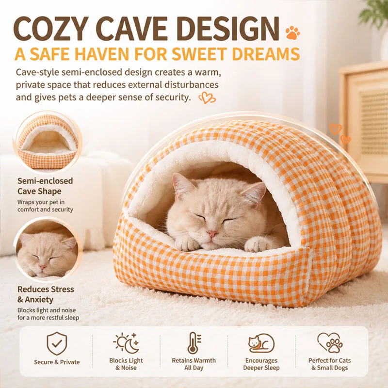 Winter Cat Dog House Closed Security Warm Plus Velvet Cold Cat Sleep Wrapped Pet Detachable Plaid Cover Small Pet Nest Cat