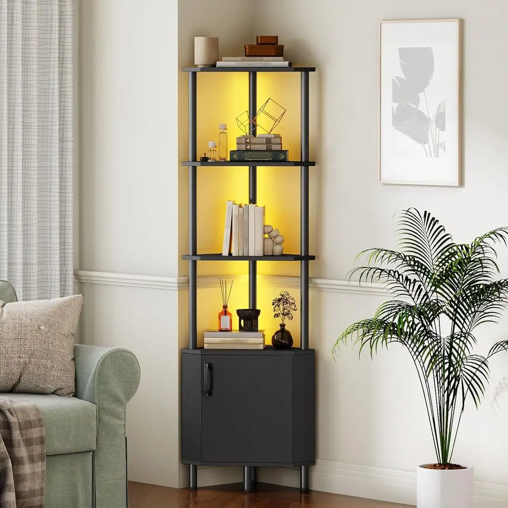 Black 5-Tier Corner Bookshelf with LED Light and Storage, 59 Tall, for Living Room and Kitchen