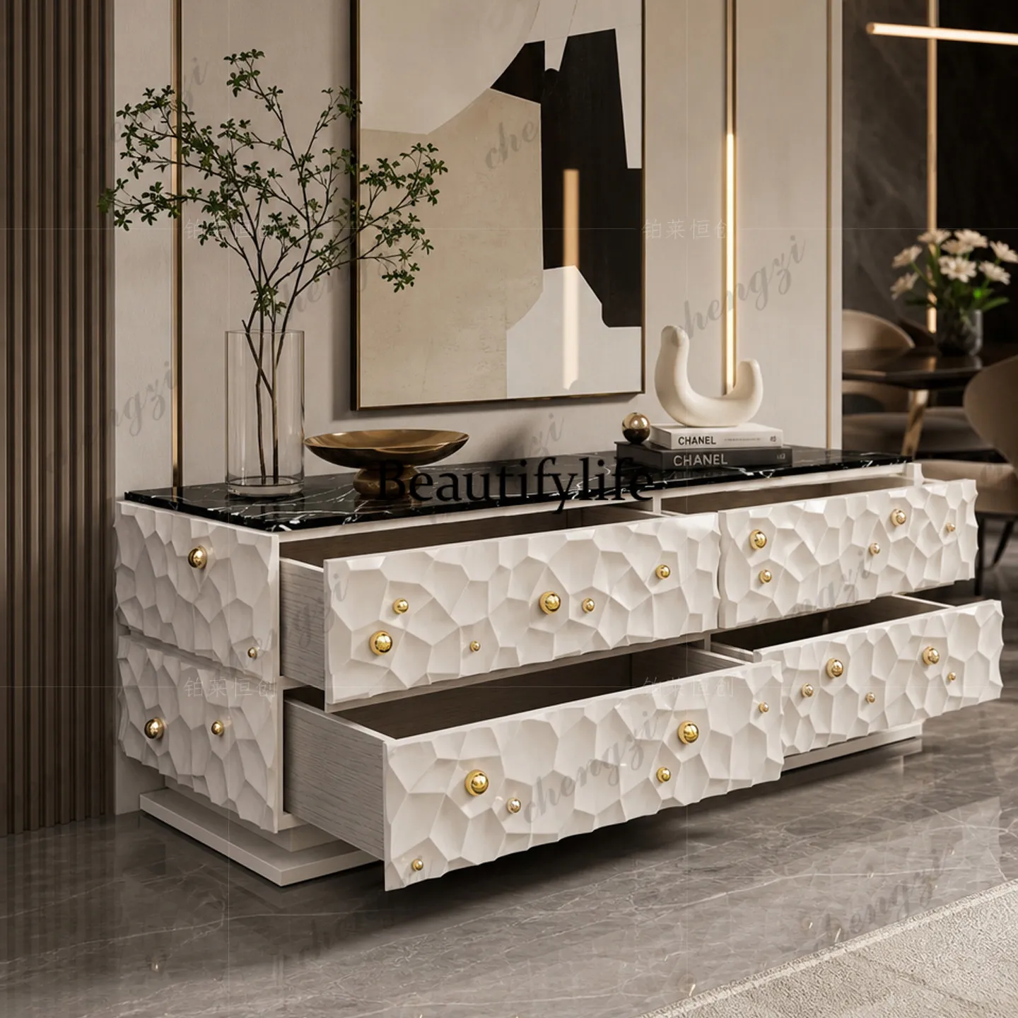 A modern high-end home-style living room with a light luxury natural marble sideboard facing the wall