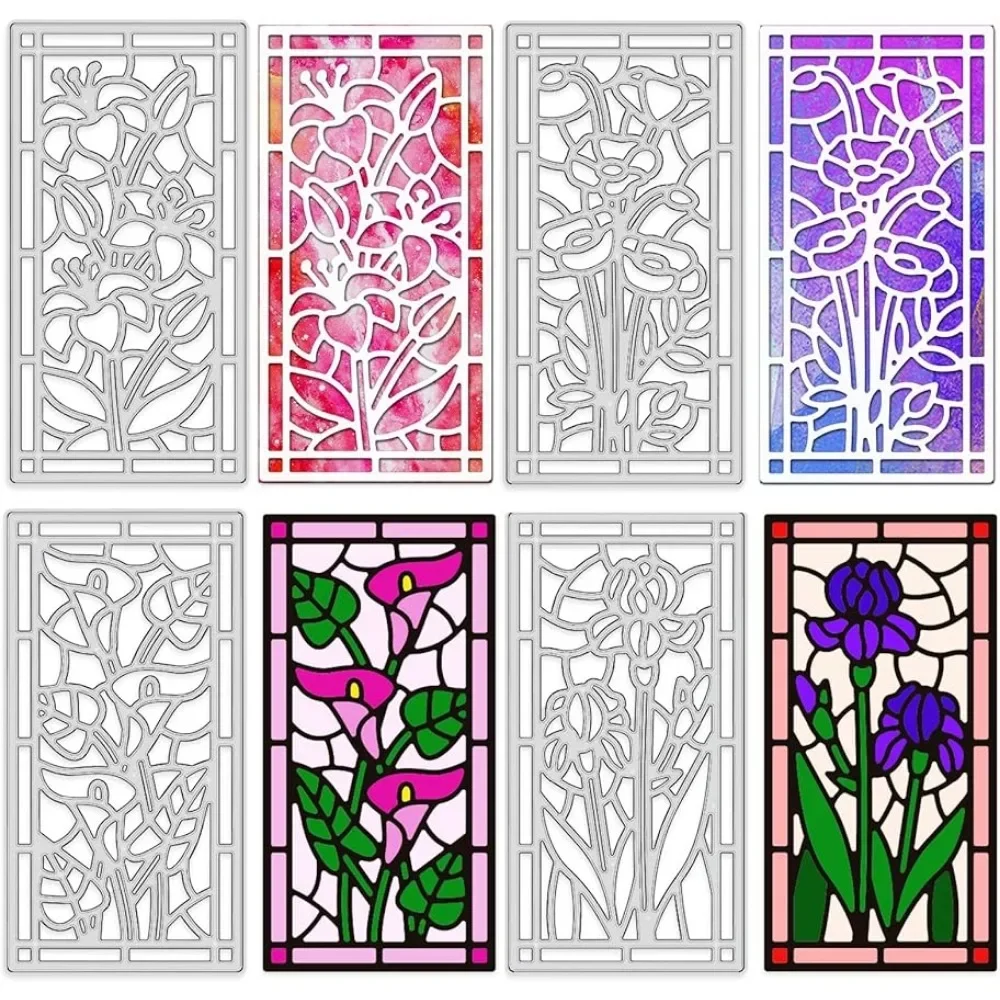 

4Pcs Stained Flower Glass Embossing Template Metal Lily and Calla Lily Cut Dies Poppy and Iris Die Cuts for Card Scrapbooking