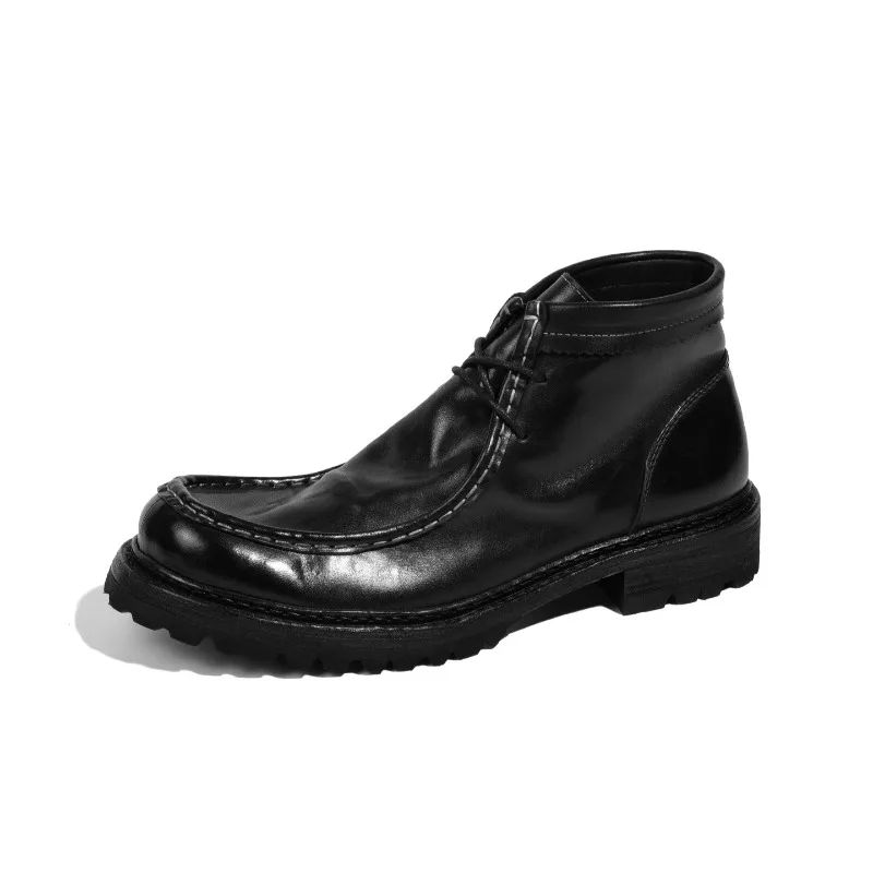 

British Style Genuine Leather Mens Shoes High Top Motorcycle Boots Handmade Breathable Work Ankle Desert Boots Male Oxford Boots