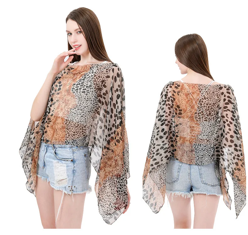 Summer 2024 Women Sunscreen Shawl Leopard Print Imitation Silk Scarf Shawl Pearl Buckle Cloak Lady Poncho Capes Khaki