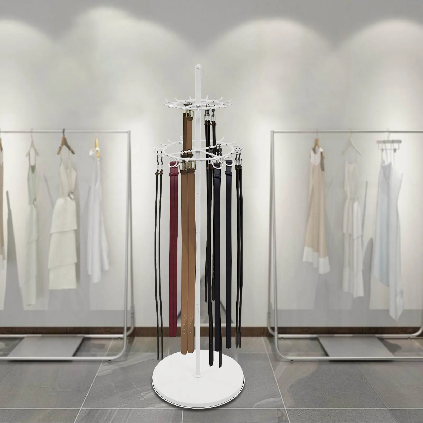 

2-tier White Adjustable Tie Rack Floor Stand Belt Hanger Display Shelf with 31 Hooks Free Standing Steel
