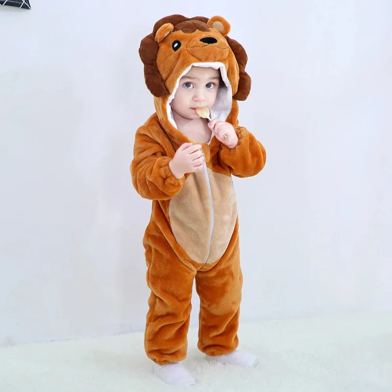 Flannel Pajamas Cartoon Baby Rompers Winter Lion/Tiger/fox/panda Costume for Girls Boys Toddler Animal Jumpsuit Infant Clothes J