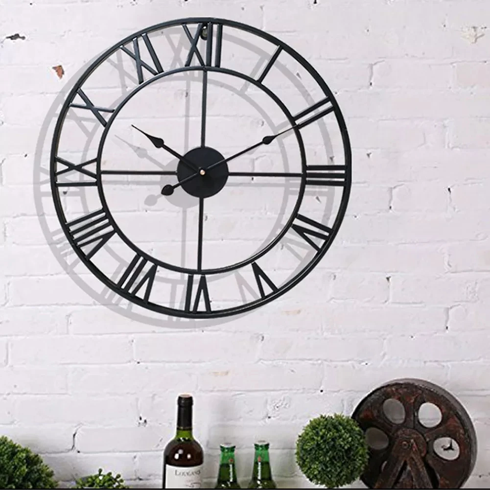 Modern 3D Large Wall Clock 40cm Roman Numerals Retro Silent round Metal Iron for Nordic Living Room Decor