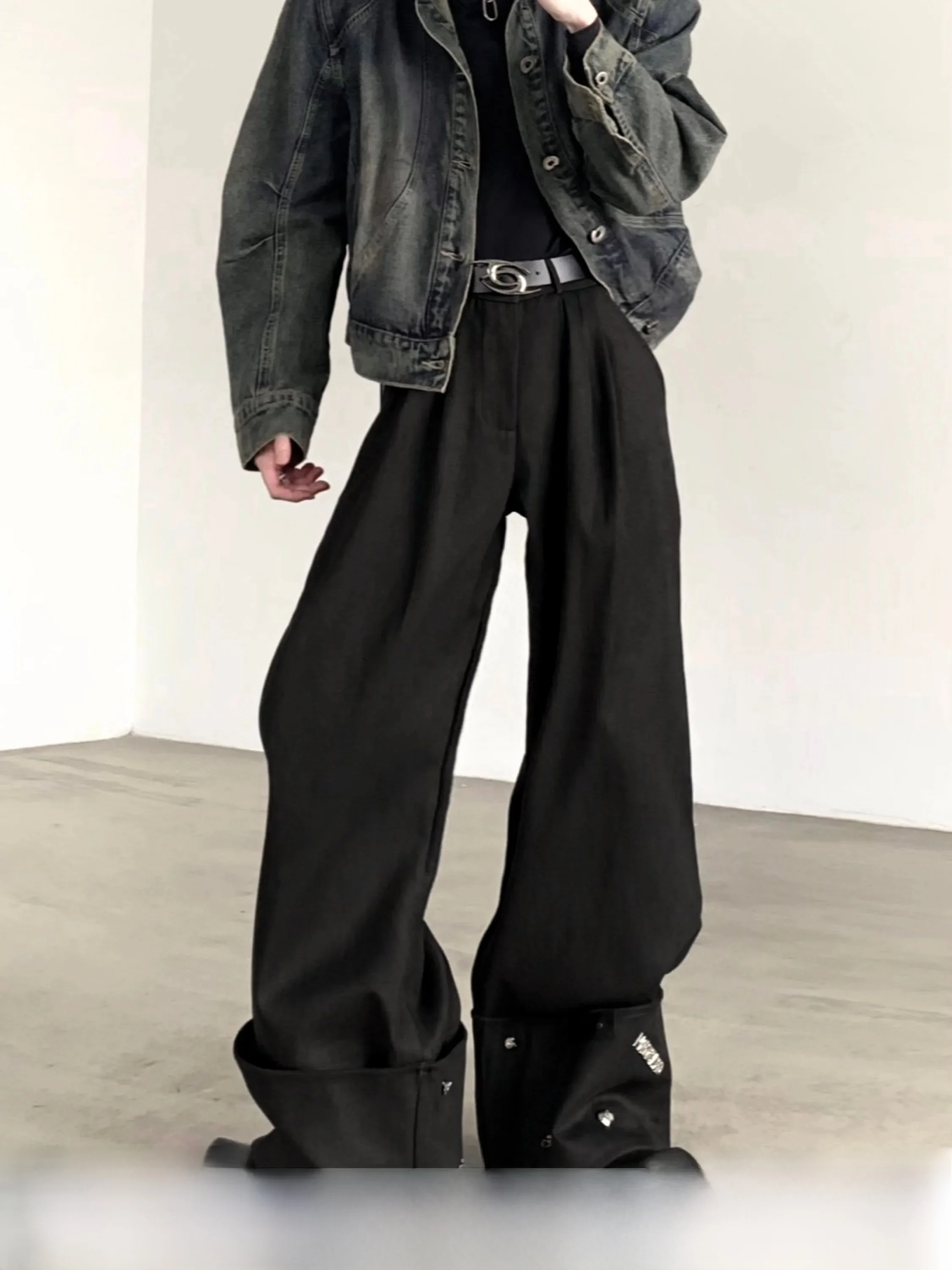 High Waist Wide Leg Pants Men's Casual Loose Long Metal Decorated Workwear Trousers Youth Cotton Deconstructed Style