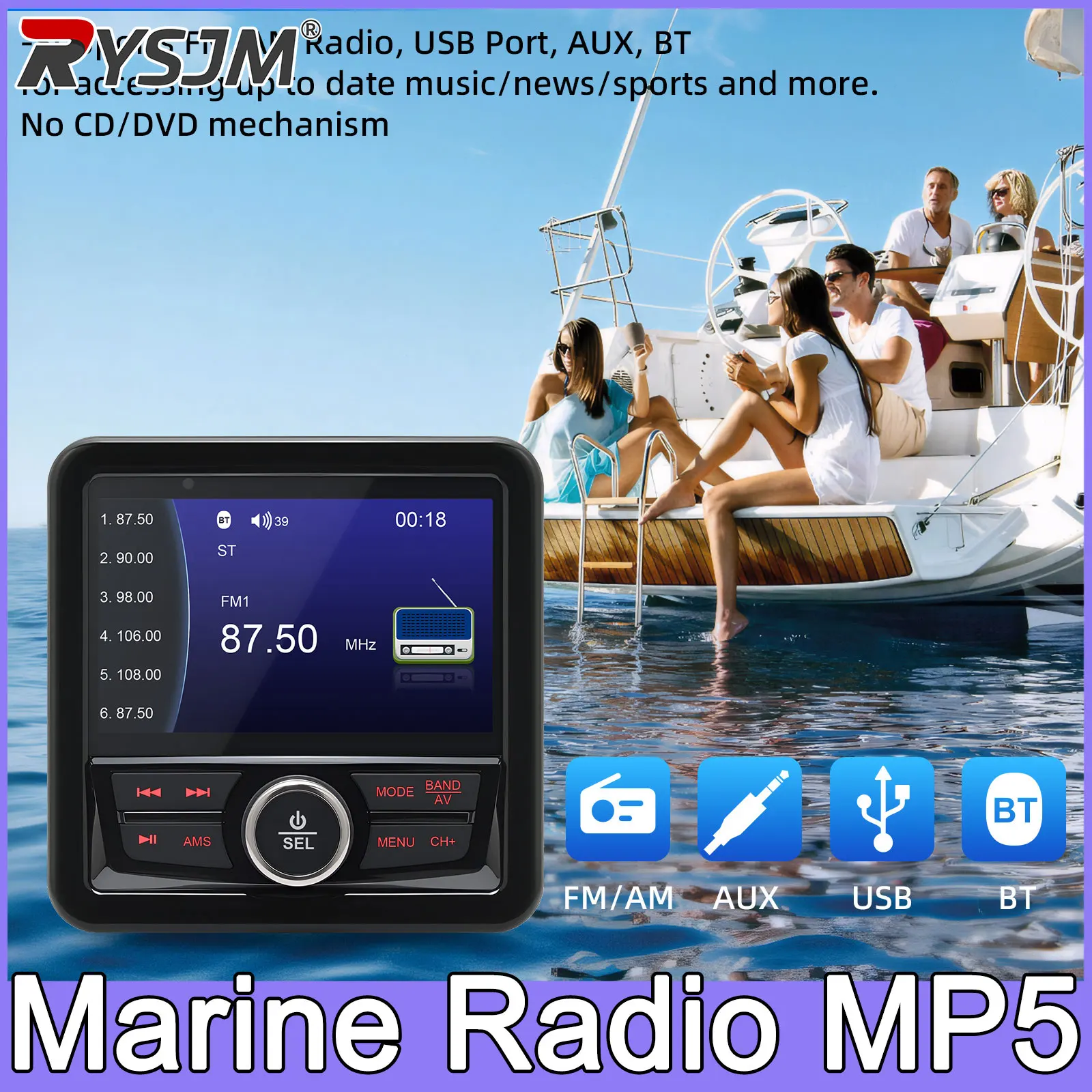 

MP5 Bluetooth-compatible FM AM Digital Media Audio Player Marine Radio Boat Stereo Waterproof Boat Accessories For Yacht ATV UTV