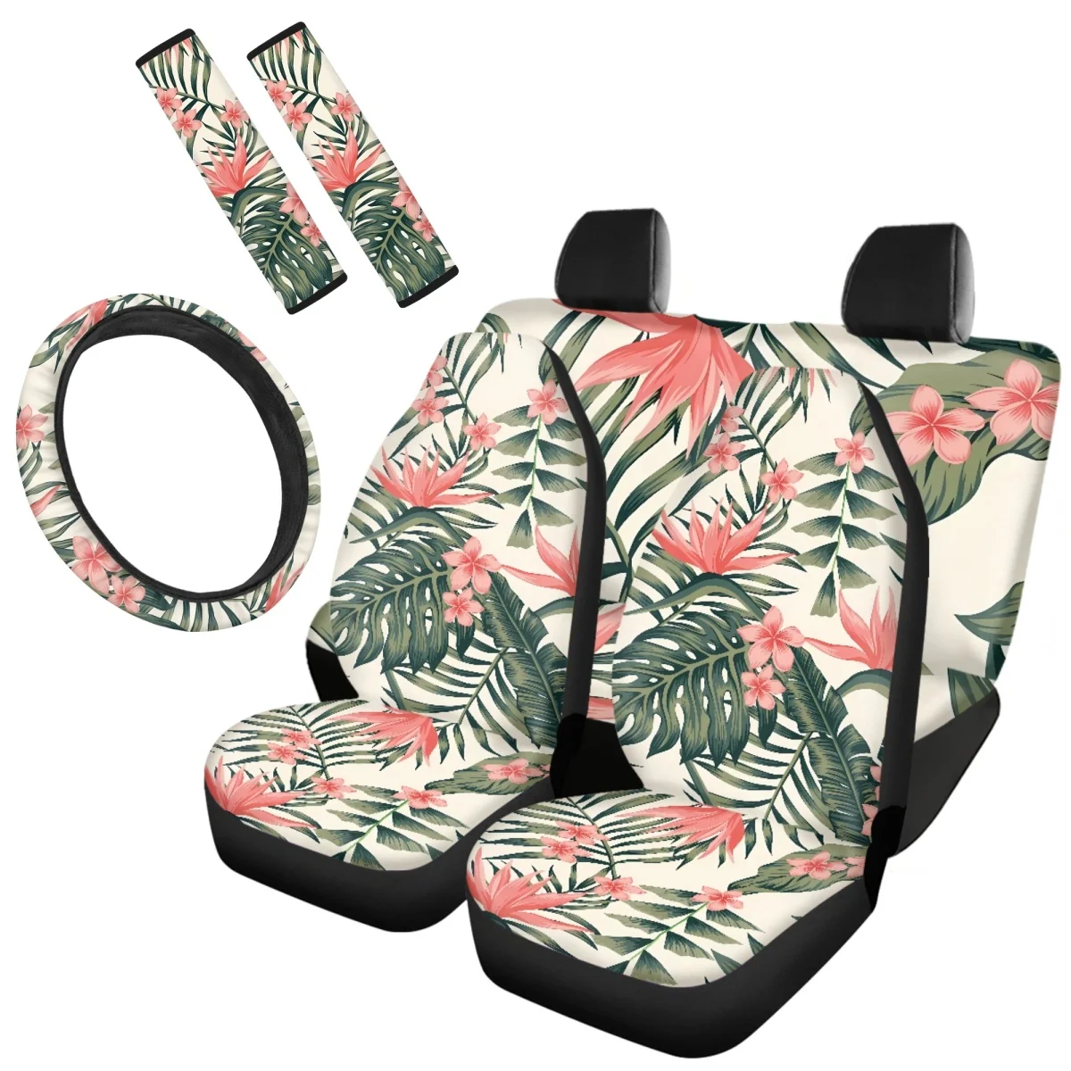 

Auto Front Back Seat Cover Set Comfort Material Easy Installation Tropical Paradise Plants Frangipani Seatbelt Steering Wheel