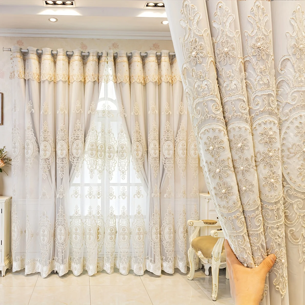 

2Panels Exquisite Cloth Yarn Integrated Embroidered Blackout Curtains, Modern Polyester Artificial Pearl Decoration, Elegant Bla