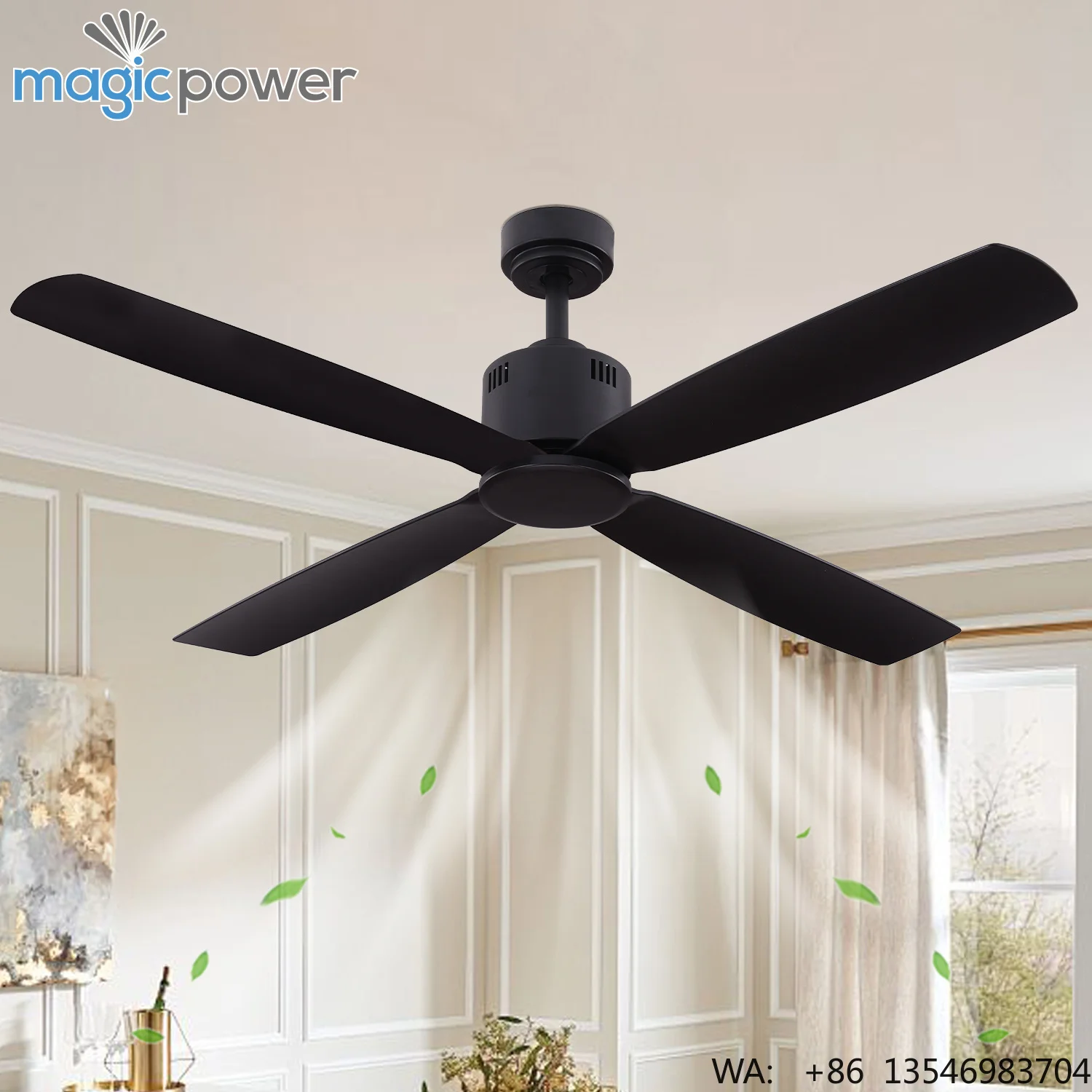 Hot Sale 52 Inch Damp Rated Ceiling Fan Modern Design Matte Black 4 ABS Blades Quiet Motor (AC) No Light-Blackout Electric