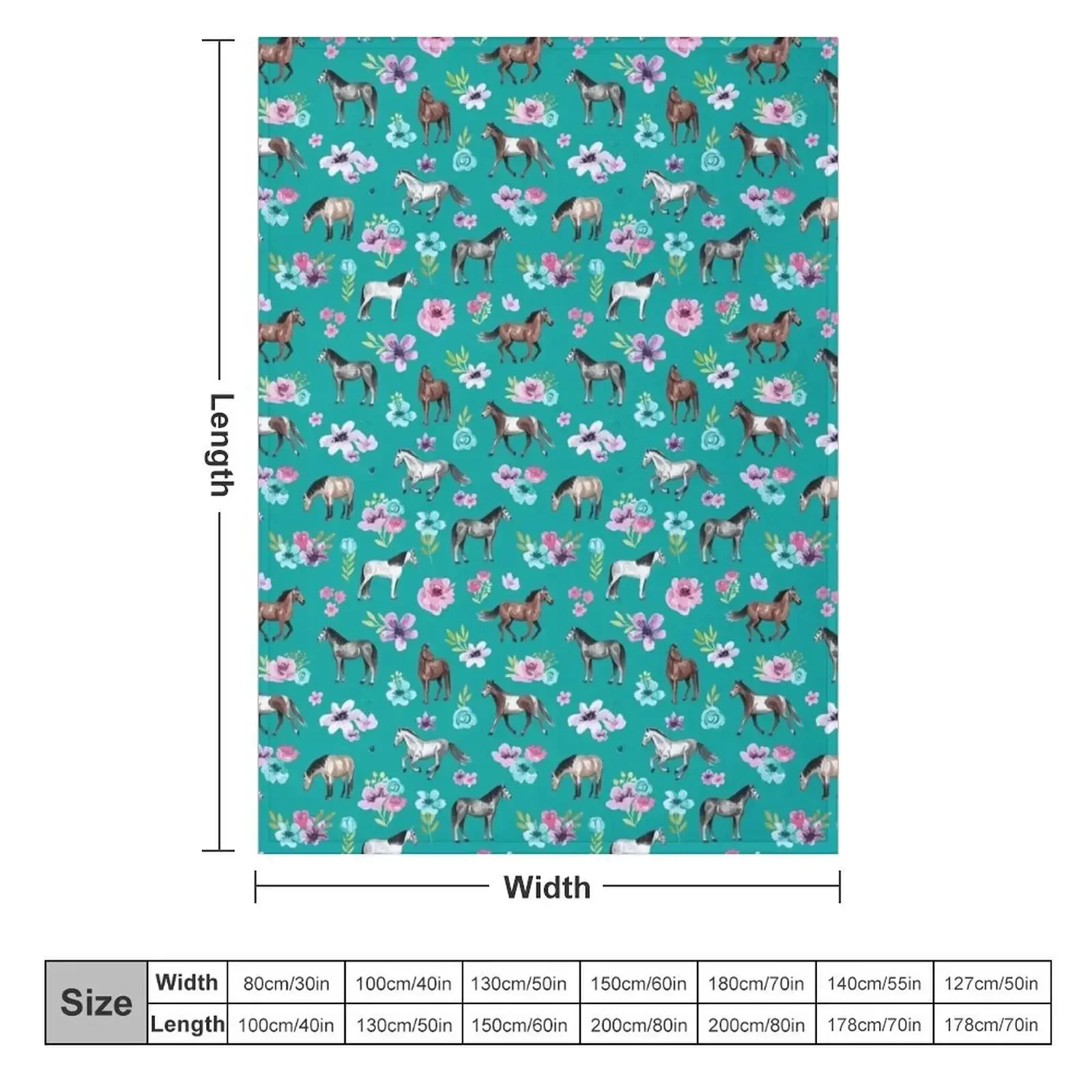 Horses and Flowers on Teal, Turquoise Horse Print, Horse Art, Cowgirl Throw Blanket Soft Nap Large For Sofa Thin Blankets