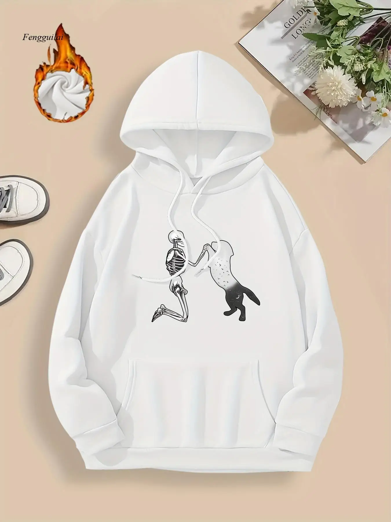白いスカルの子犬と骨のプリントが入ったゴシックブラックパーカー - 居心地の良い秋冬プルオーバースウェットシャツ、カンガルーポケット