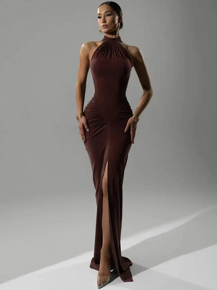 

Halter Ruched Sleeveless Sexy Maxi Women Gown Fashion Slim High Waist Evening Club Party Split Long Dress