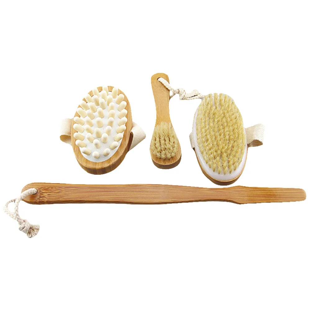 

4Pcs Natural Bristle Bath Brush Set Long Handle Shower Scrubber Body Brush Back Spa Exfoliation Face Feet Knees Skin Care