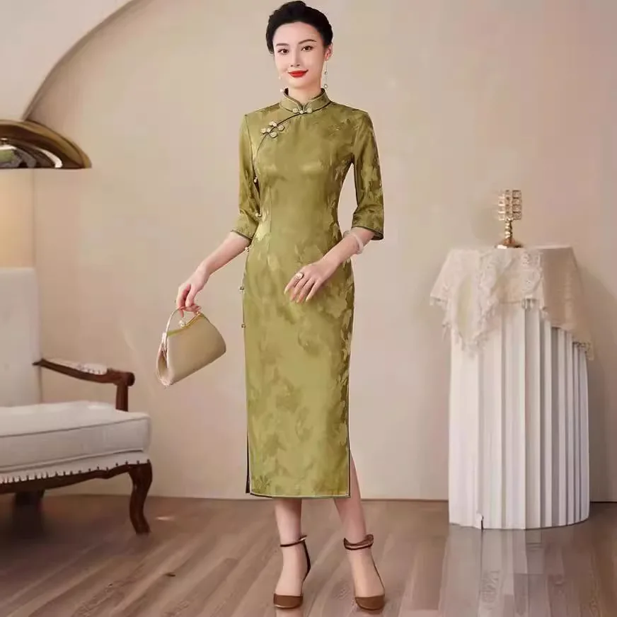 High-End Real Silk Cheongsam Qipao 2024 New Spring and Autumn Women's Three-Quarter Sleeve Interwoven Dress Graceful