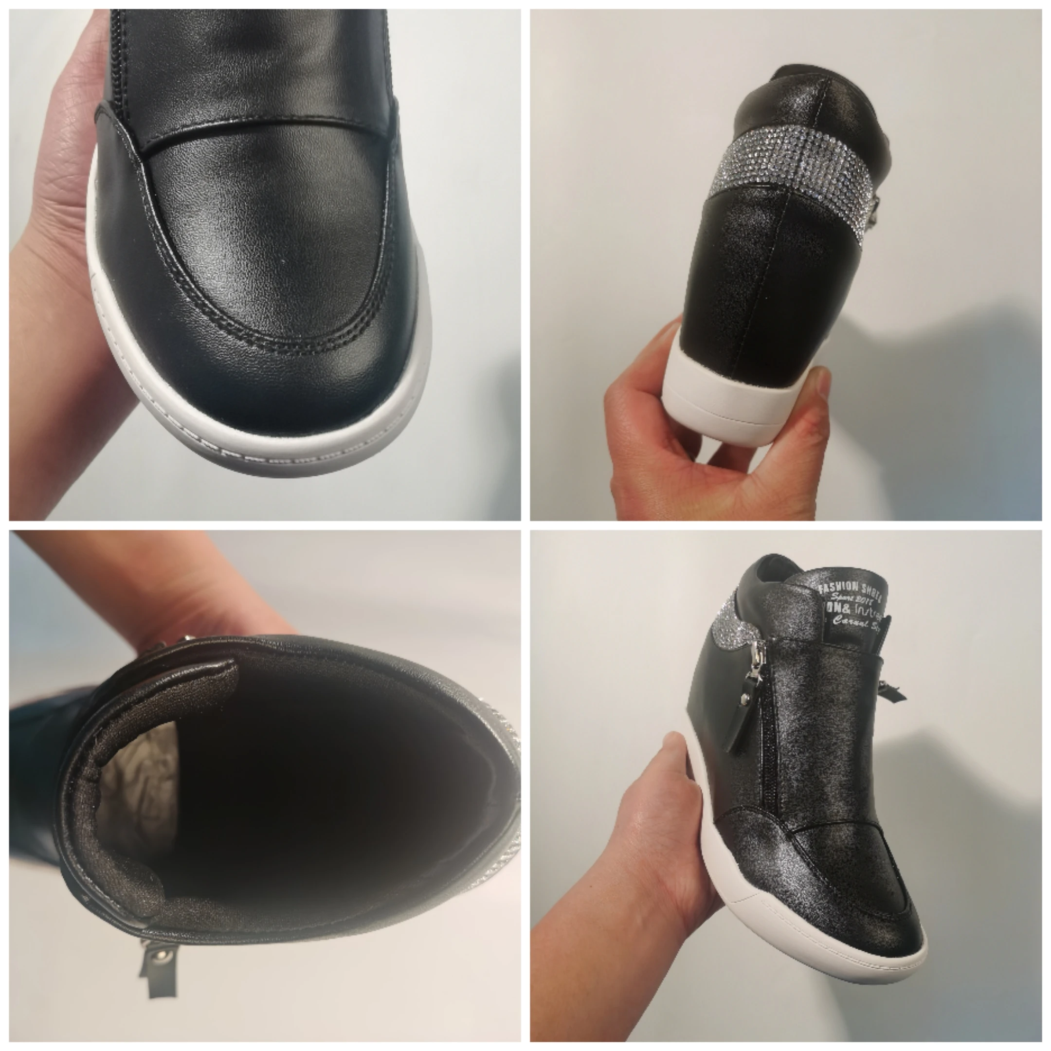 Fujin, zapatillas de deporte con cuña y plataforma de talla grande de 7cm, Botas para mujer, zapatos de cuero con doble cremallera, zapatillas de deporte a la moda con diamantes de imitación, Botas con tacón oculto