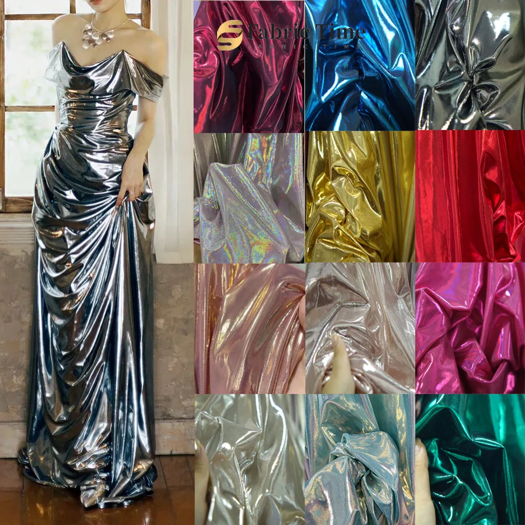 Poliéster dorado rojo plata rosa suave elástico líquido metal-como tela traje de baile vestido de noche decoración de boda tela