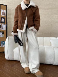 Winter women's casual solid color lapel long sleeved loose fur one-piece jacket