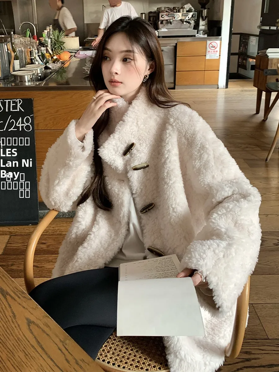 

INON Full Wool Lamb Fur Jaet Women Winter 2025 New Small Size Stand Collar Button down Coat Commute Sle Loose Fit Long ...